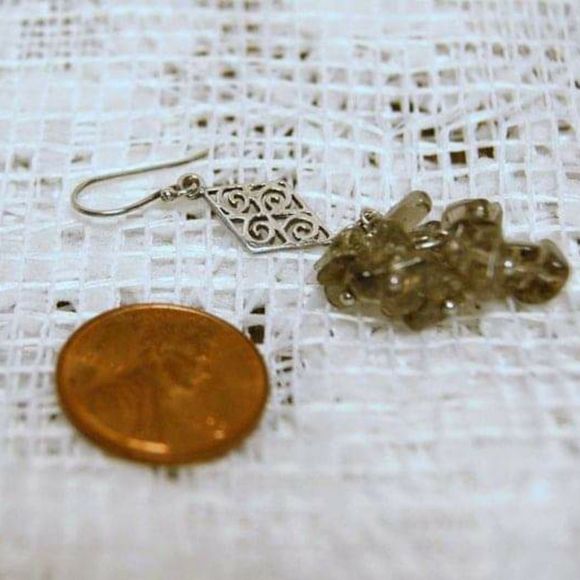 Handmade Sterling Silver Swirly Scroll & Gray Smoky Quartz Chip Cluster Earrings - Picture 4 of 5
